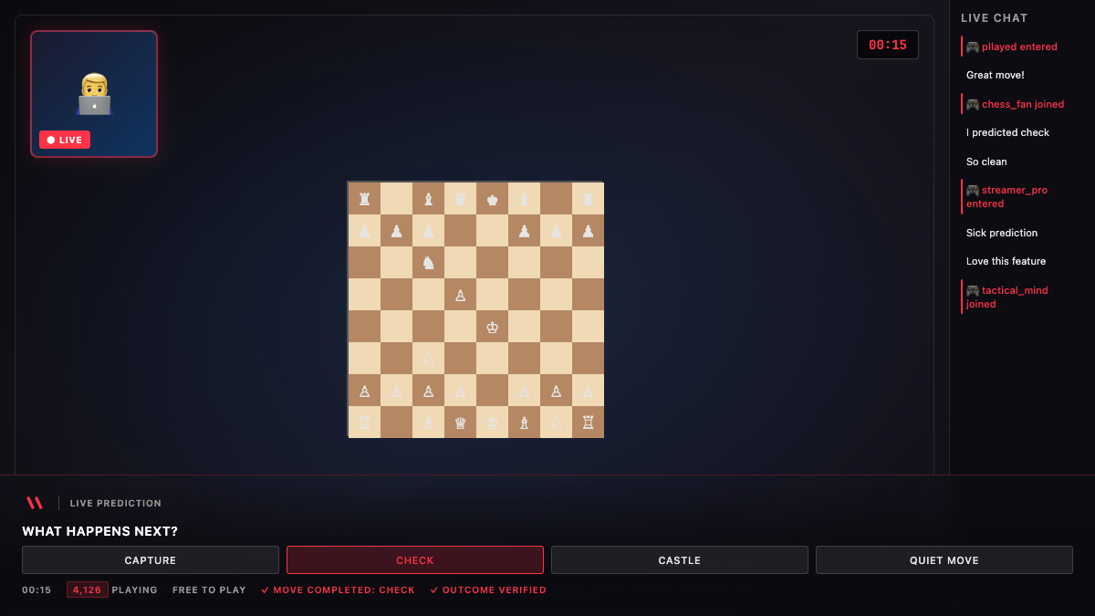 PLLAY chess prediction overlay on a creator livestream: What happens next? Capture, Check, Castle, Quiet move. 4,126 playing. Free to play. Outcome verified.