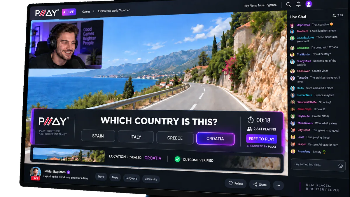 PLLAY audience prediction overlay integrated into a geography gaming livestream.