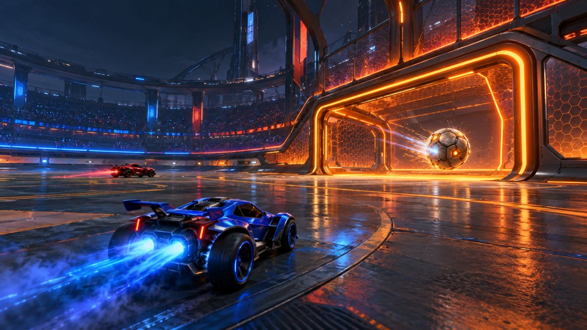 Illustration: a blue rocket car races toward a glowing orange goal as a metallic ball crosses the line.